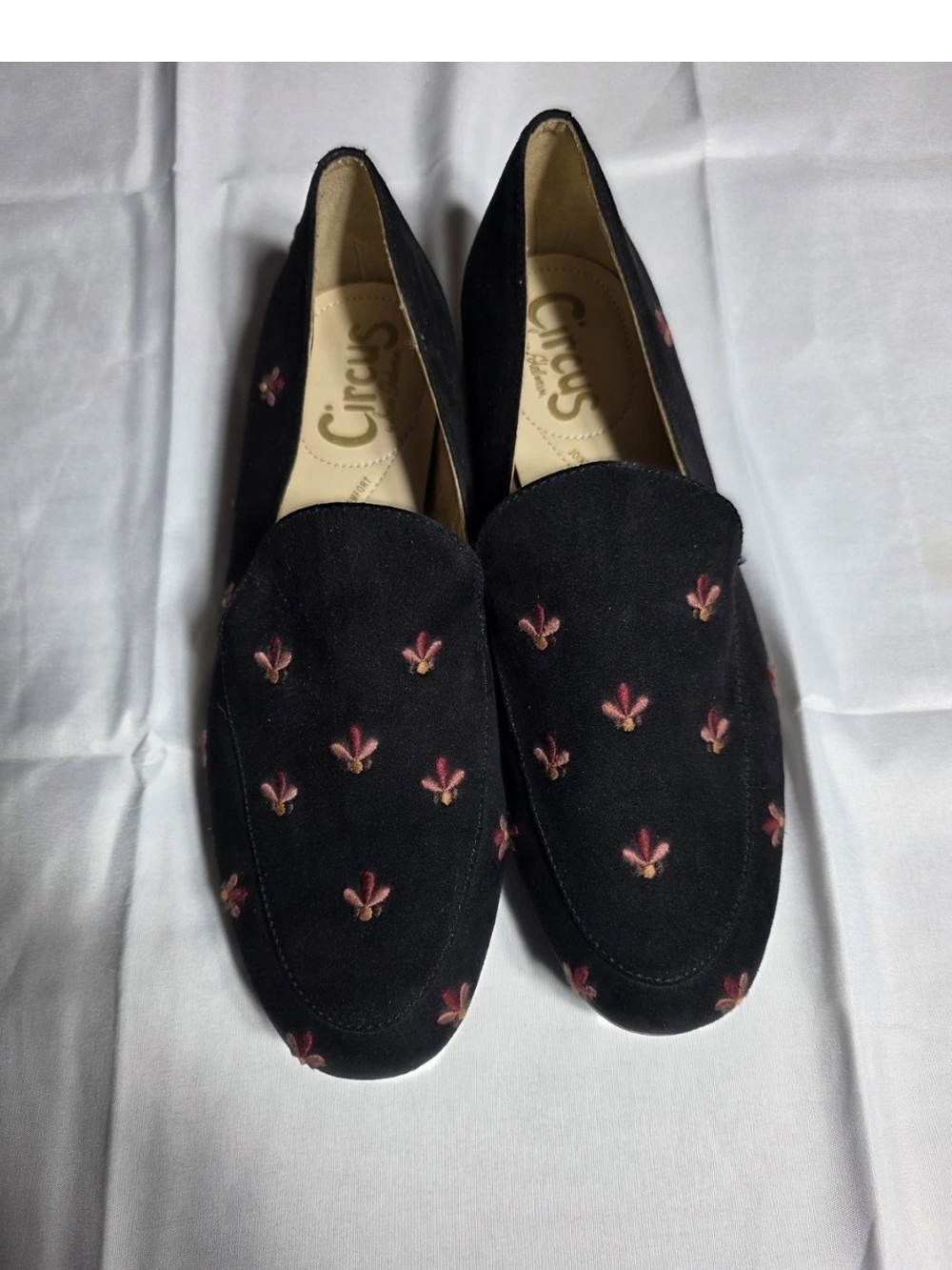 Circus by Sam Edelman Black Suede Slip-On Loafers with Pink & Gold Embroidery